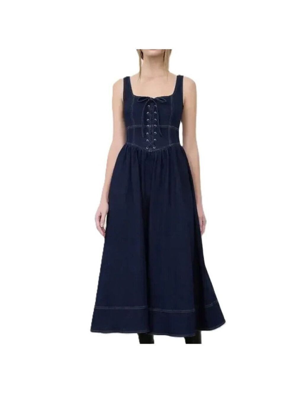 MOON RIVER SLEEVELESS LACE-UP FRONT MIDI DRESS